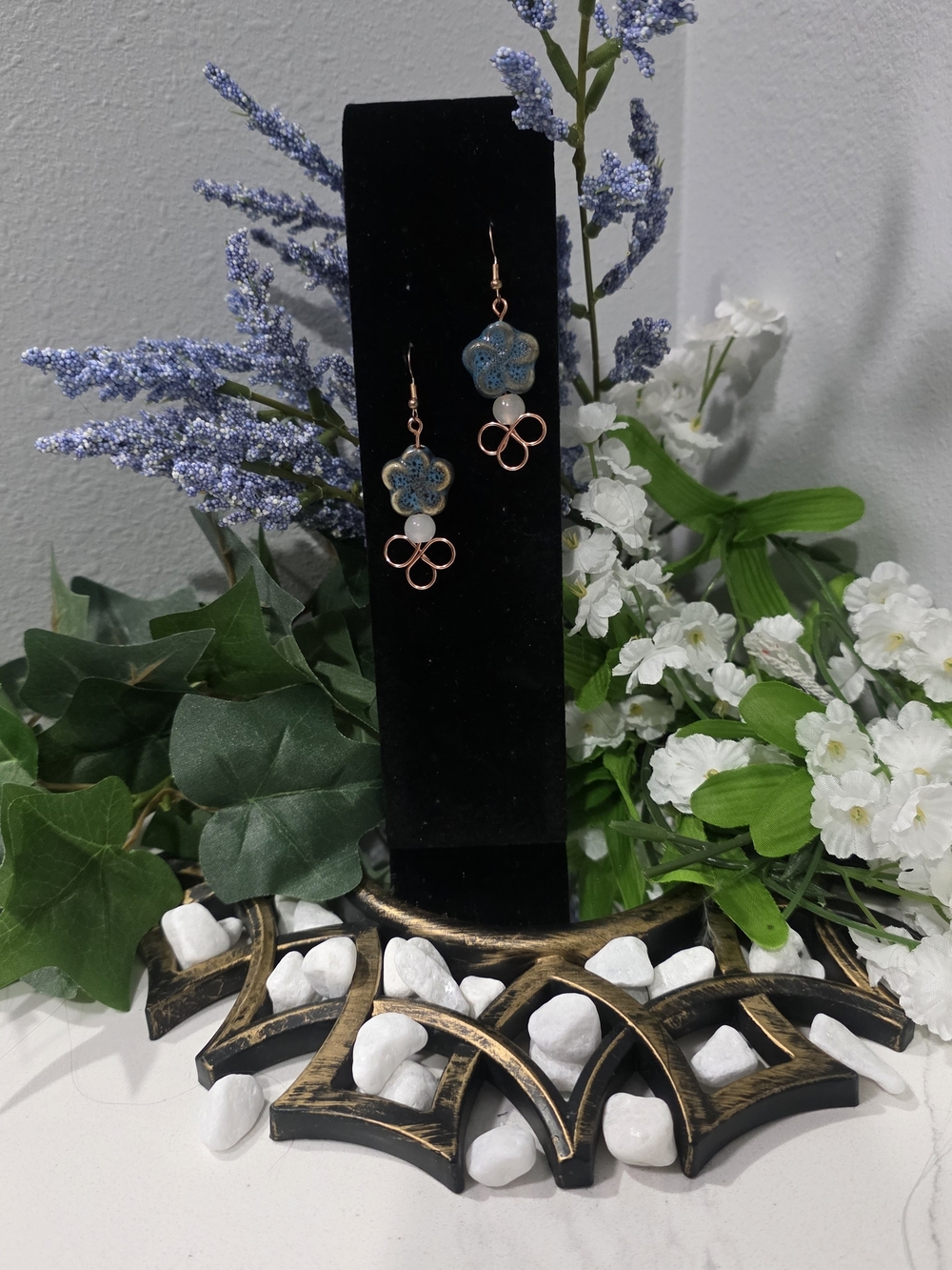 Hand Crafted Blue Floral Drop Earrings with Rose Gold Loops